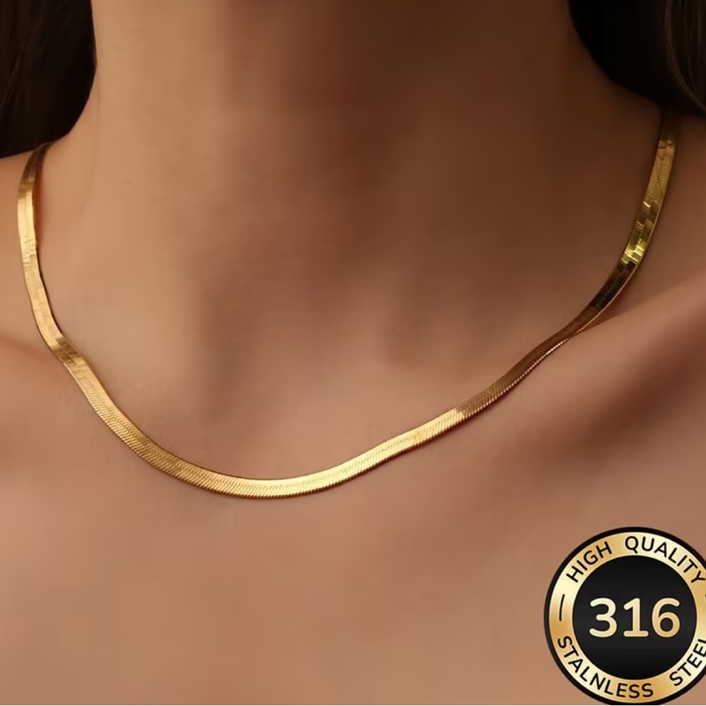 NEW Stainless Steel Women's Snake Bone Chain Necklace, Gold